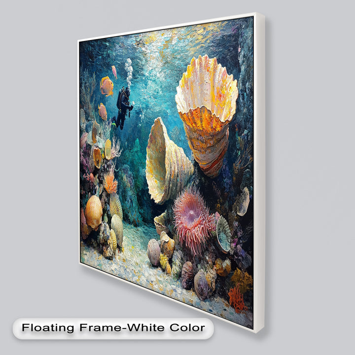 Diver Exploring Coral Reefs with Giant Shells - Animal Oil Painting