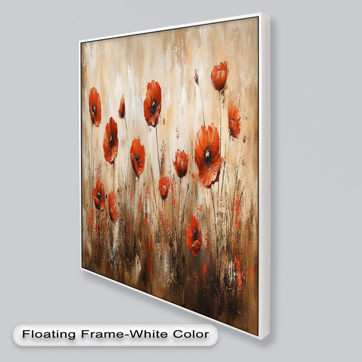 Fiery Meadow – Scarlet Poppies in Earth-Toned Field Flower Oil Painting