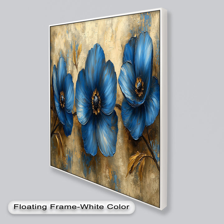 Golden Beige Elegance – Royal Blue Floral Trio Flower Oil Painting
