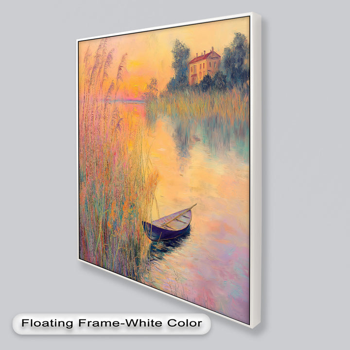 Golden Reeds and Sunset Rowboat – Impressionist Oil Painting