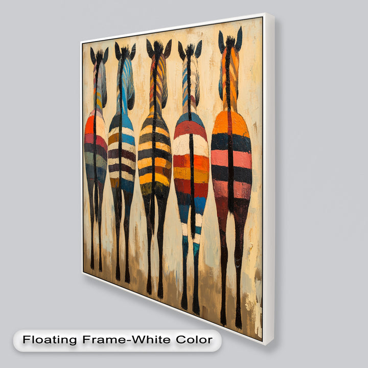 Five Colorful Zebras with Bold Stripes – Animal Oil Painting