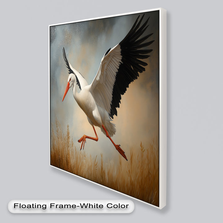 Stork in Flight over Golden Grasses – Animal Oil Painting
