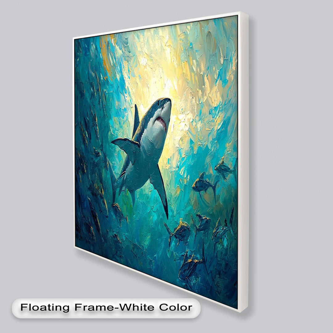 Great White Shark in Sunlit Ocean Depths – Animal Oil Painting