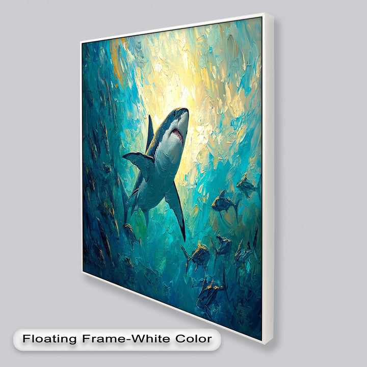 Great White Shark in Sunlit Ocean Depths – Animal Oil Painting