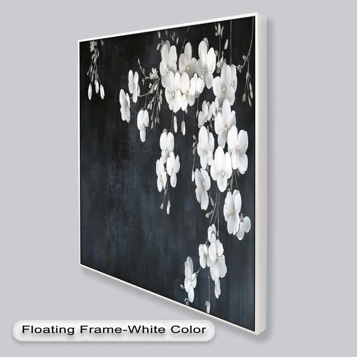 White Cherry Flowers on Midnight Blue - Flower Oil Painting