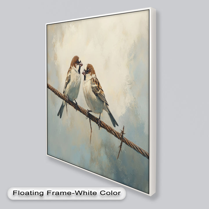 Two Sparrows on a Wire – Bird Oil Painting