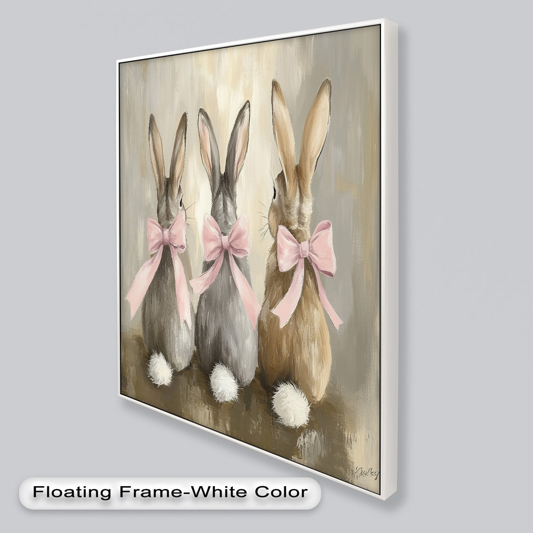 Trio of Bunnies with Pink Bows – Animal Oil Painting