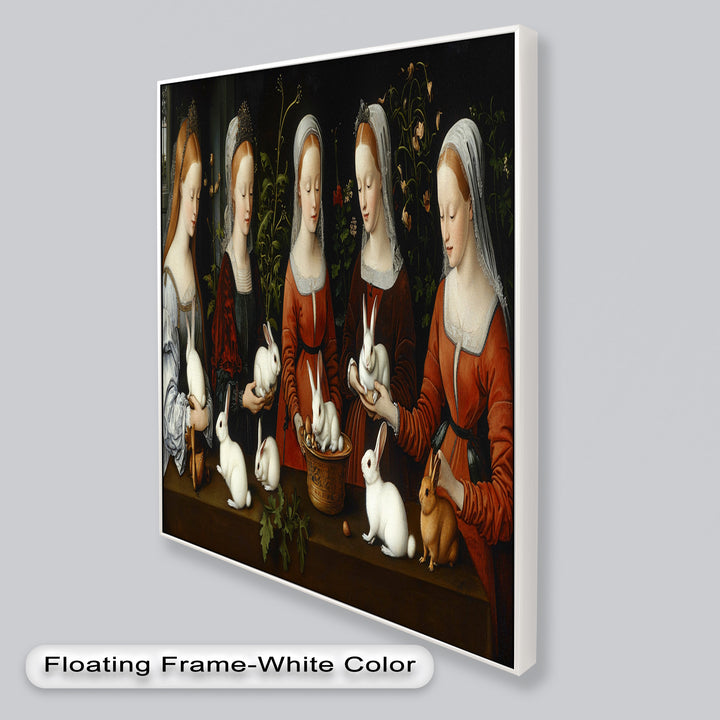 Maiden Garden Gathering – Renaissance Rabbit Portrait Oil Painting
