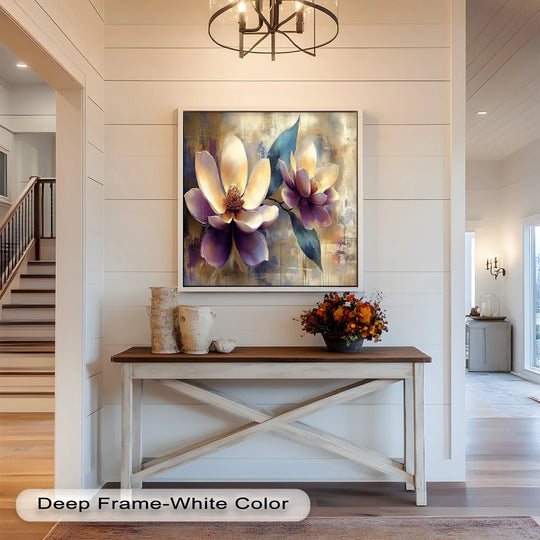 Rustic magnolia wall art featuring soft petals and textured golden hues.
