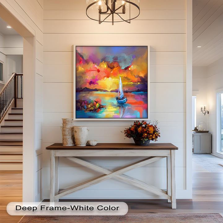 A modern impressionist painting capturing the beauty of a sunset over the ocean, with vivid splashes of red, orange, blue, and purple blending together
