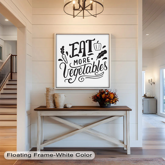The 'eat more vegetables' modern oil painting decoration on display, is the focal point of the wall art in this entryway.
