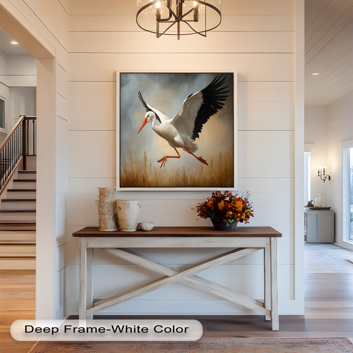 Stork in Flight over Golden Grasses – Animal Oil Painting