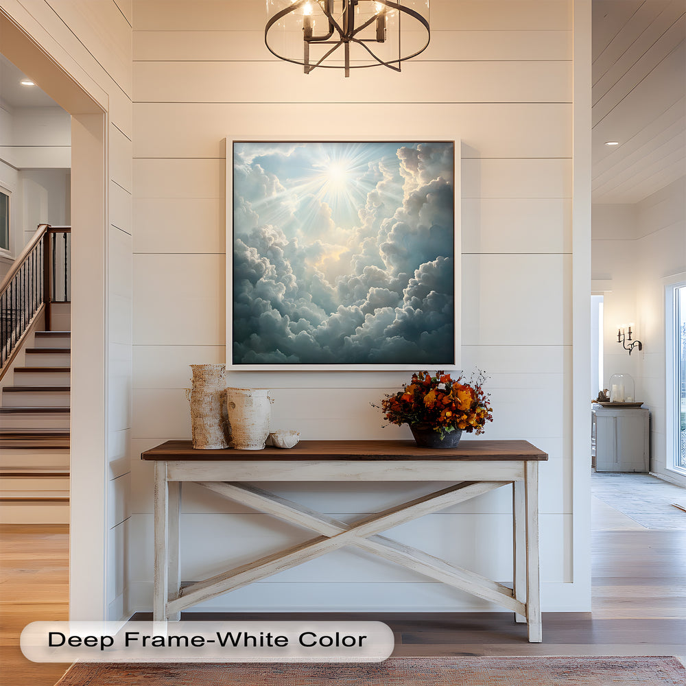 This ethereal cloudscape captures the beauty of light and movement, where soft, voluminous clouds swirl around a brilliant sun, evoking a sense of wonder and serenity.