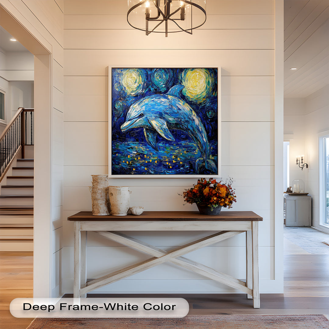 Starry Night Dolphin in Ocean Dreamscape – Animal Oil Painting