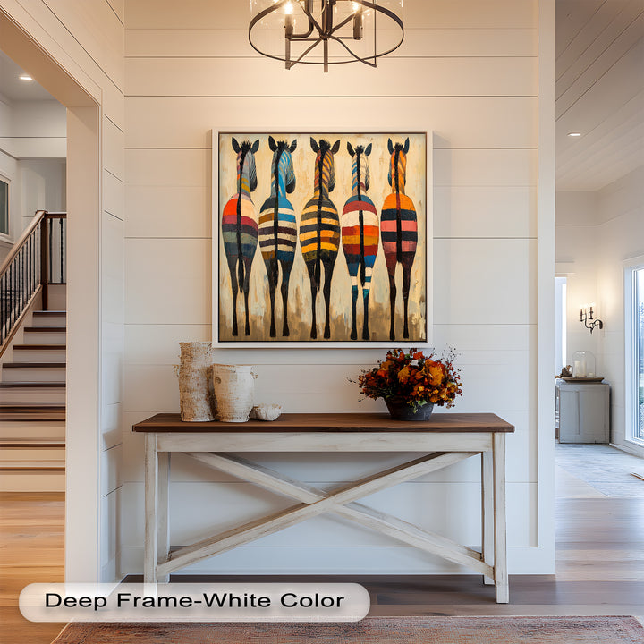 Five Colorful Zebras with Bold Stripes – Animal Oil Painting