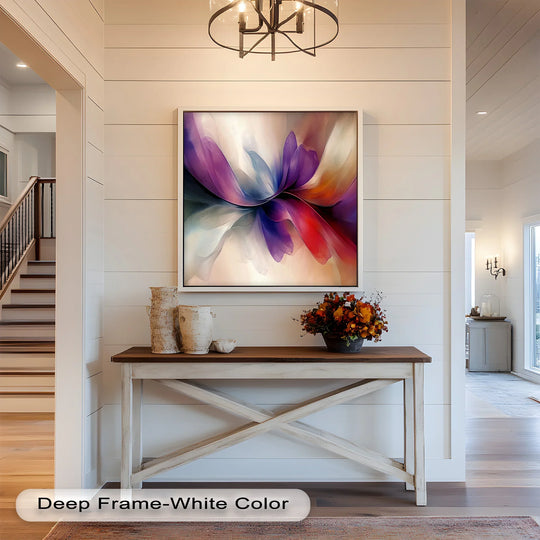 The focal point is the vibrant abstract floral flow in this colorful modern oil painting art prints, offering dynamic petal forms with blended reds and purples.