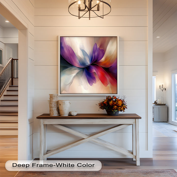 Ethereal flower painting featuring soft gradients of violet, blue, and crimson.
