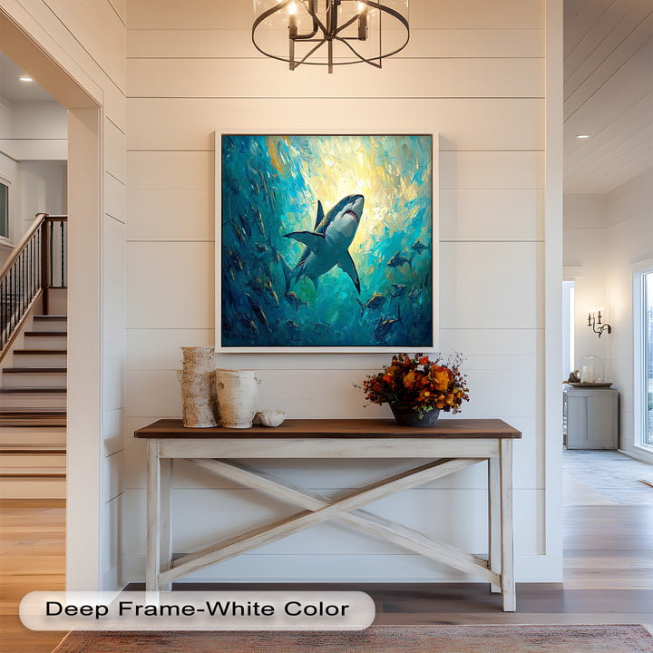 Great White Shark in Sunlit Ocean Depths – Animal Oil Painting