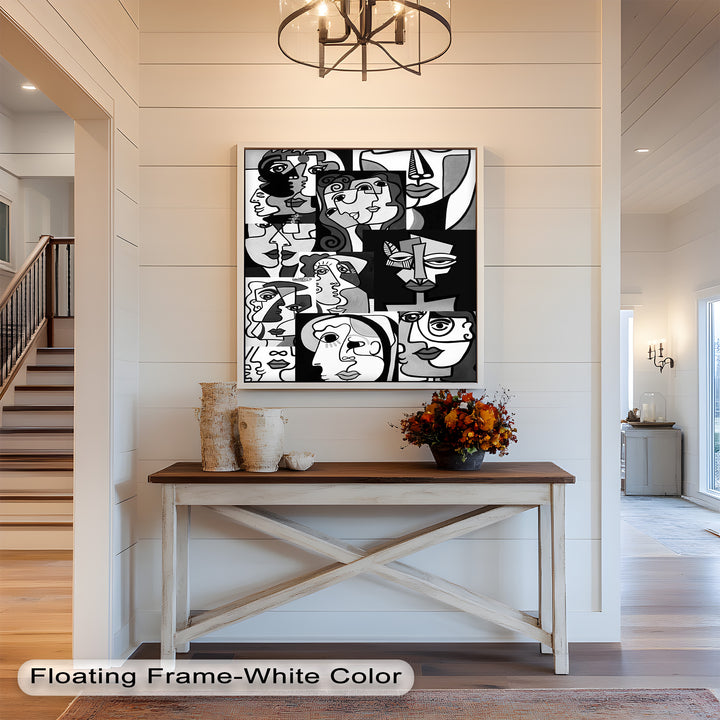 Monochrome Muse – Picasso-inspiriertes Ölgemälde mit kubistischen Gesichtern