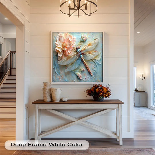 The foreground detail highlights the textured wooden console table displaying birch bark vases beneath a framed floral dragonfly oil painting decoration.