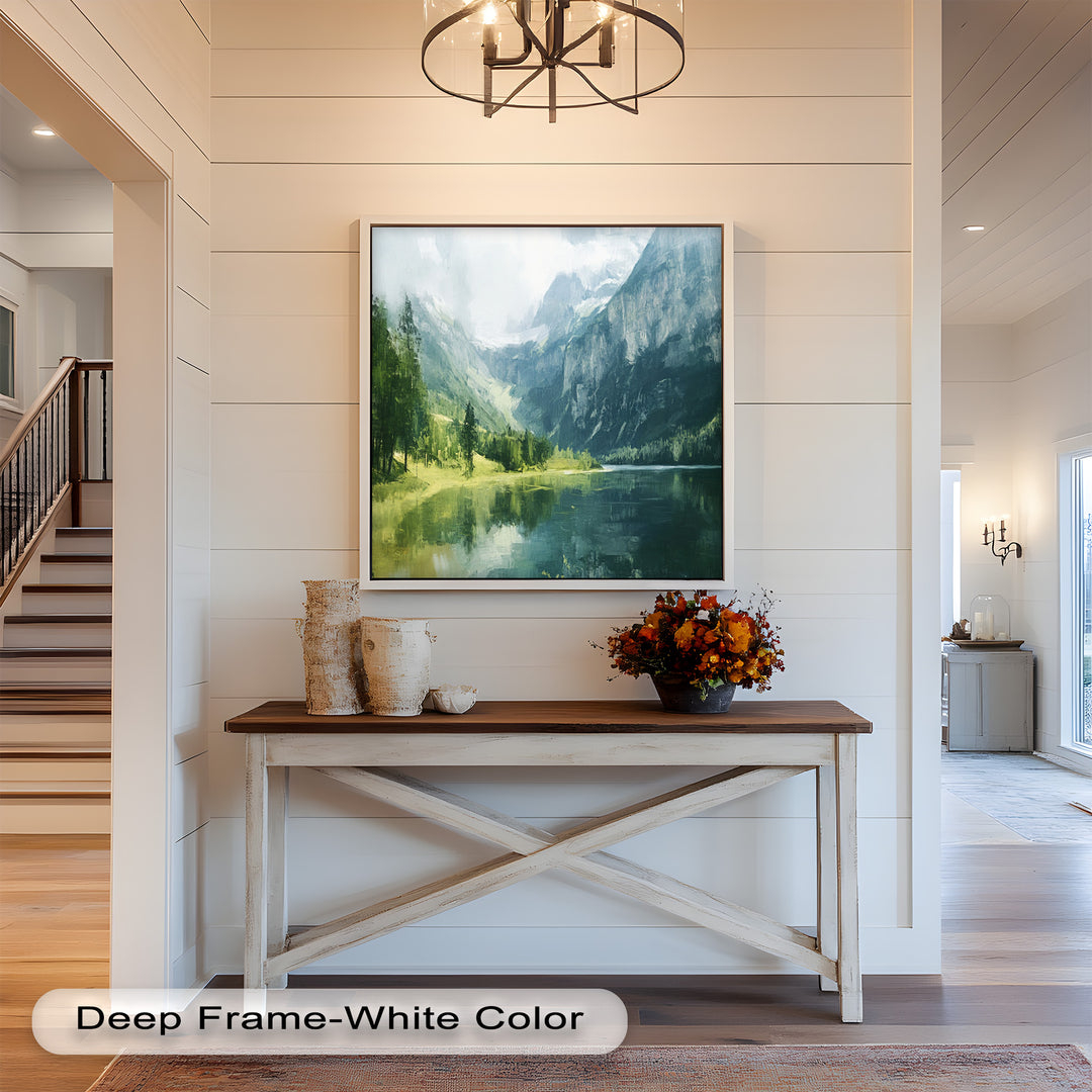 A mesmerizing impressionist-style painting portrays the serenity of a hidden lakeside sanctuary, where towering cliffs and lush forests mirror beautifully in the still water.