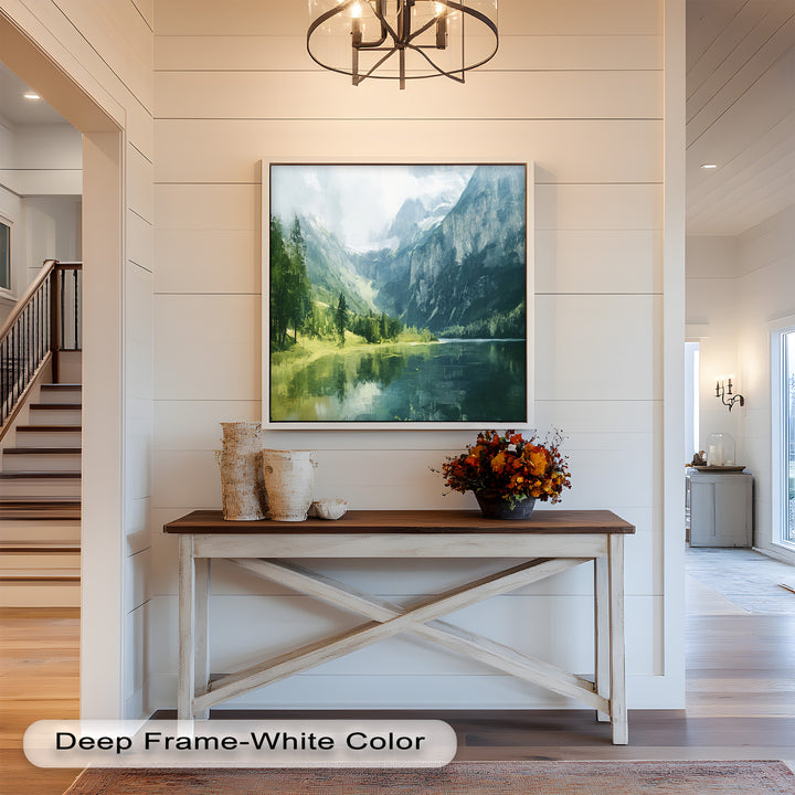 A mesmerizing impressionist-style painting portrays the serenity of a hidden lakeside sanctuary, where towering cliffs and lush forests mirror beautifully in the still water.