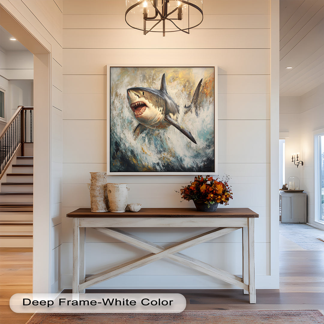 Ferocious Great White Shark Leaping Through Waves - Animal Oil Painting