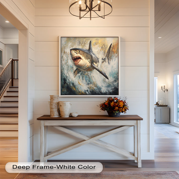 Ferocious Great White Shark Leaping Through Waves - Animal Oil Painting