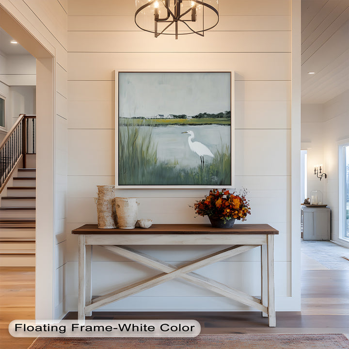 Egret by the Marsh – Minimalist Landscape Oil Painting