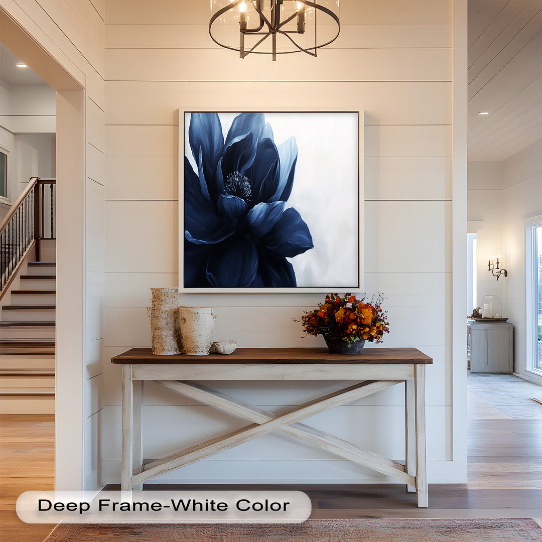 Contemporary flower wall art with deep indigo petals and subtle highlights.
