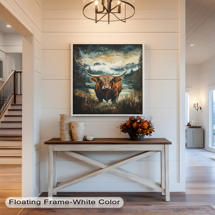 Highland Cow in Misty Pines – Wilderness Oil Painting