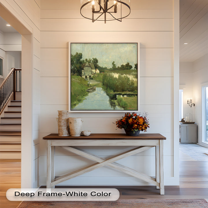 A timeless countryside landscape portraying a quiet riverside retreat, where nature and simple village architecture blend harmoniously under a soft blue sky.