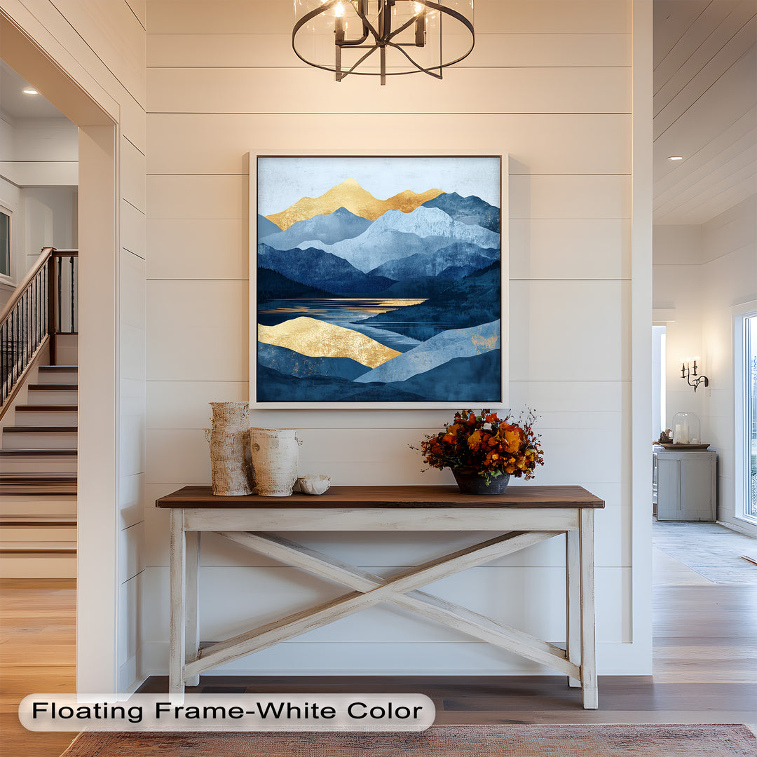 Golden Horizon – Abstract Blue Mountain Landscape Oil Painting