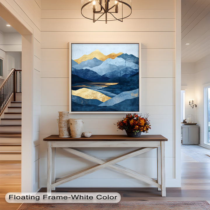 Golden Horizon – Abstract Blue Mountain Landscape Oil Painting