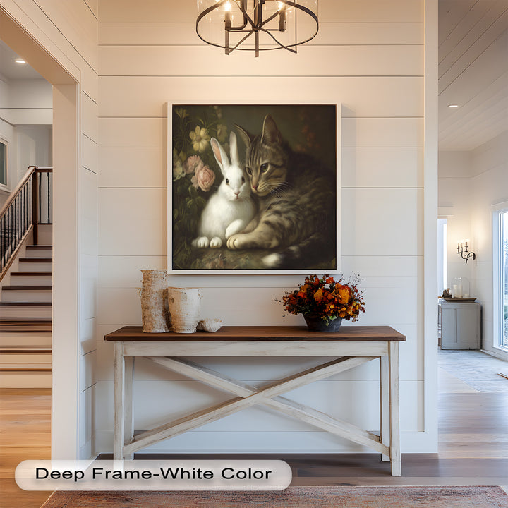 Cat and Rabbit in Floral Harmony - Animal Oil Painting