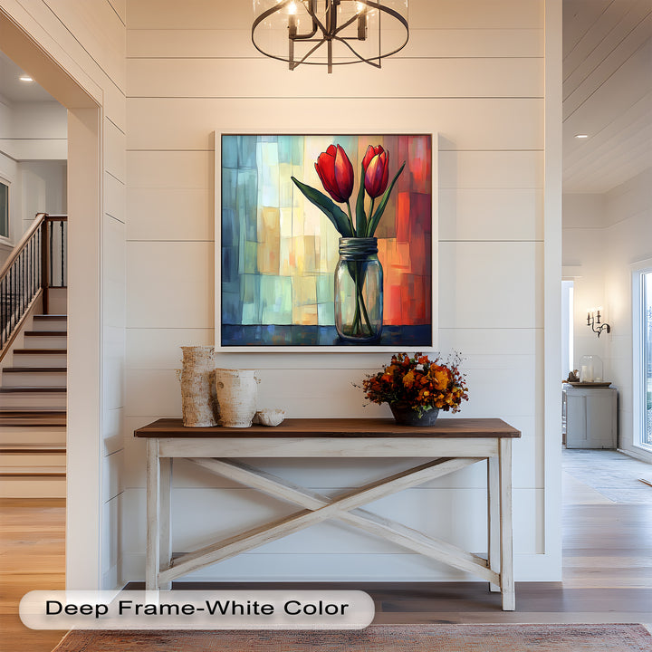 Red and Orange Tulips in Glass Vase – Bold Floral Oil Painting