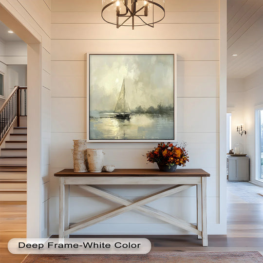 The crisp, white edge of this framed vintage sailboat sailing ocean oil painting decoration contrasts with the serene artwork.