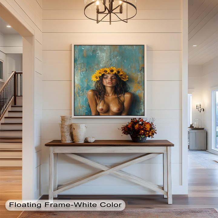 Sun-Kissed Solstice – Woman with Sunflower Crown Abstract Oil Painting