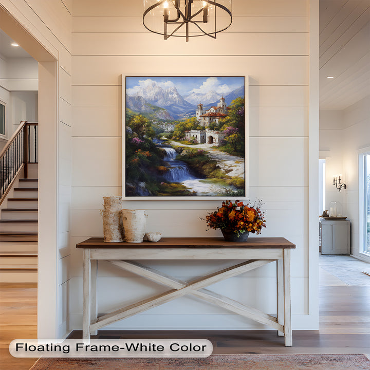 Mountain Abbey by the Falls – Serene Renaissance Oil Painting