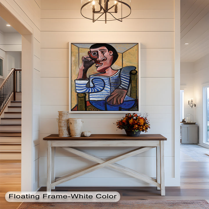 Melancholy in Stripes – Seated Man with Blue Shirt Picasso Oil Painting