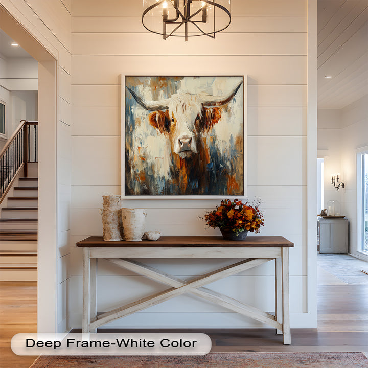 Highland Cow with White Horns – Animal Oil Painting