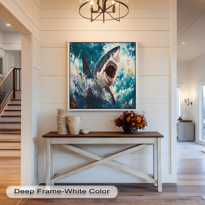 Ferocious Shark Emerging from Turbulent Waters – Animal Oil Painting