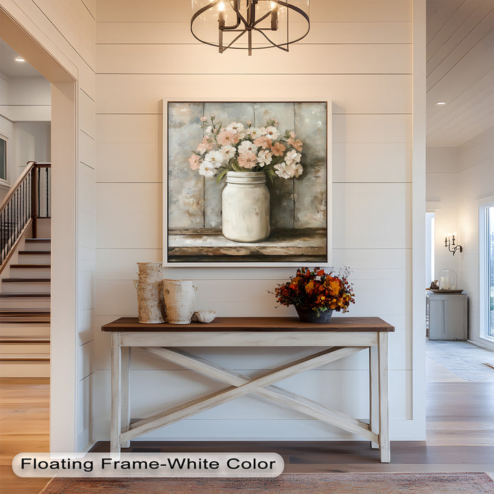 Blush & Cream Blooms – Rustic Mason Jar Flower Oil Painting