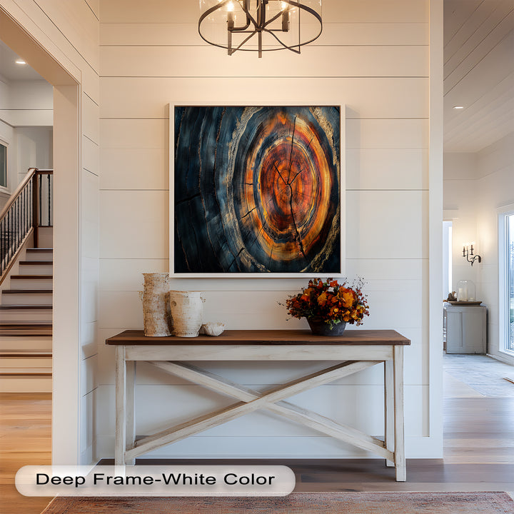 This abstract nature-inspired piece captures the raw beauty of aged wood, blending warm earthy tones with deep charred blacks to create a bold and rustic aesthetic.