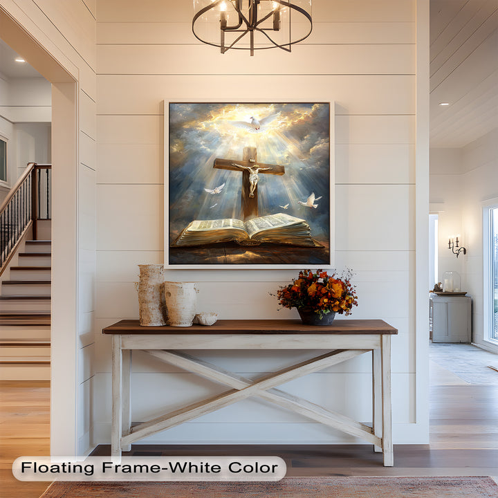Jesus on the Cross with Open Bible and Doves - Oil Painting