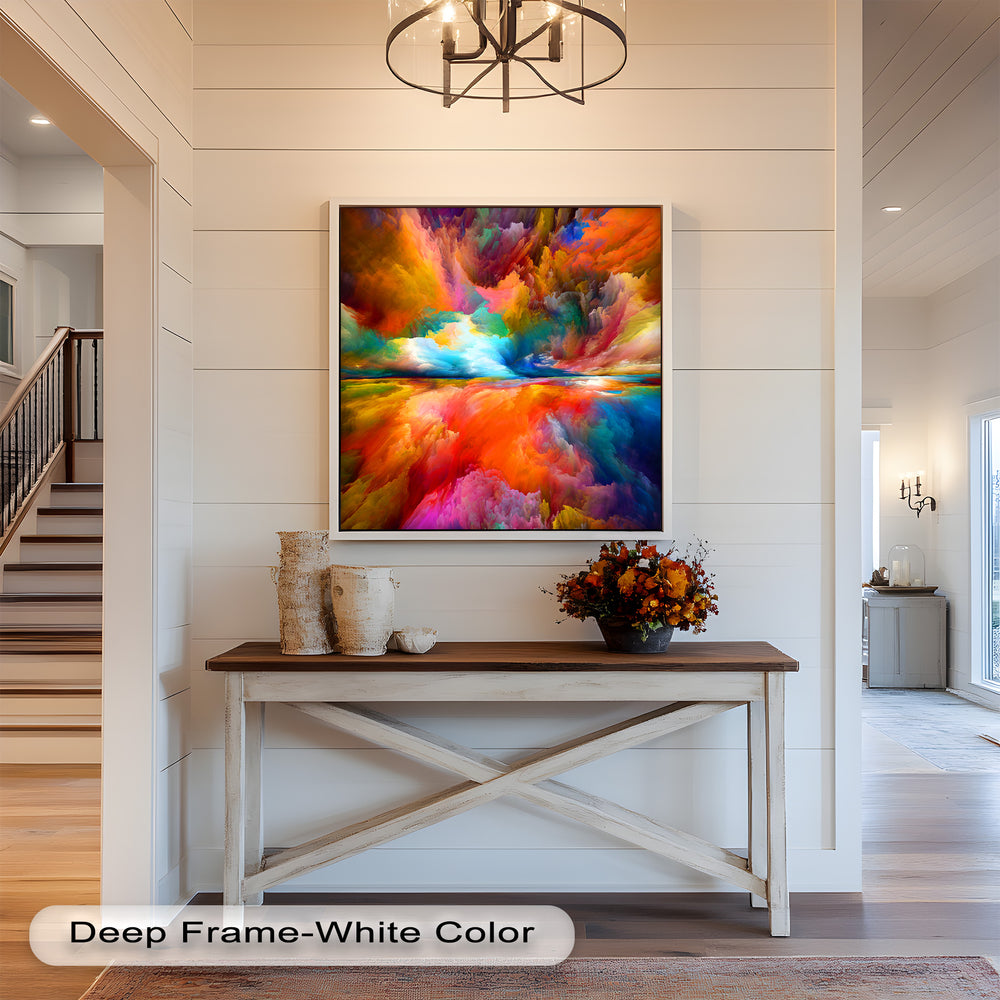 A striking contemporary artwork with swirling clouds of red, orange, blue, and yellow, creating a dreamlike and immersive horizon scene
