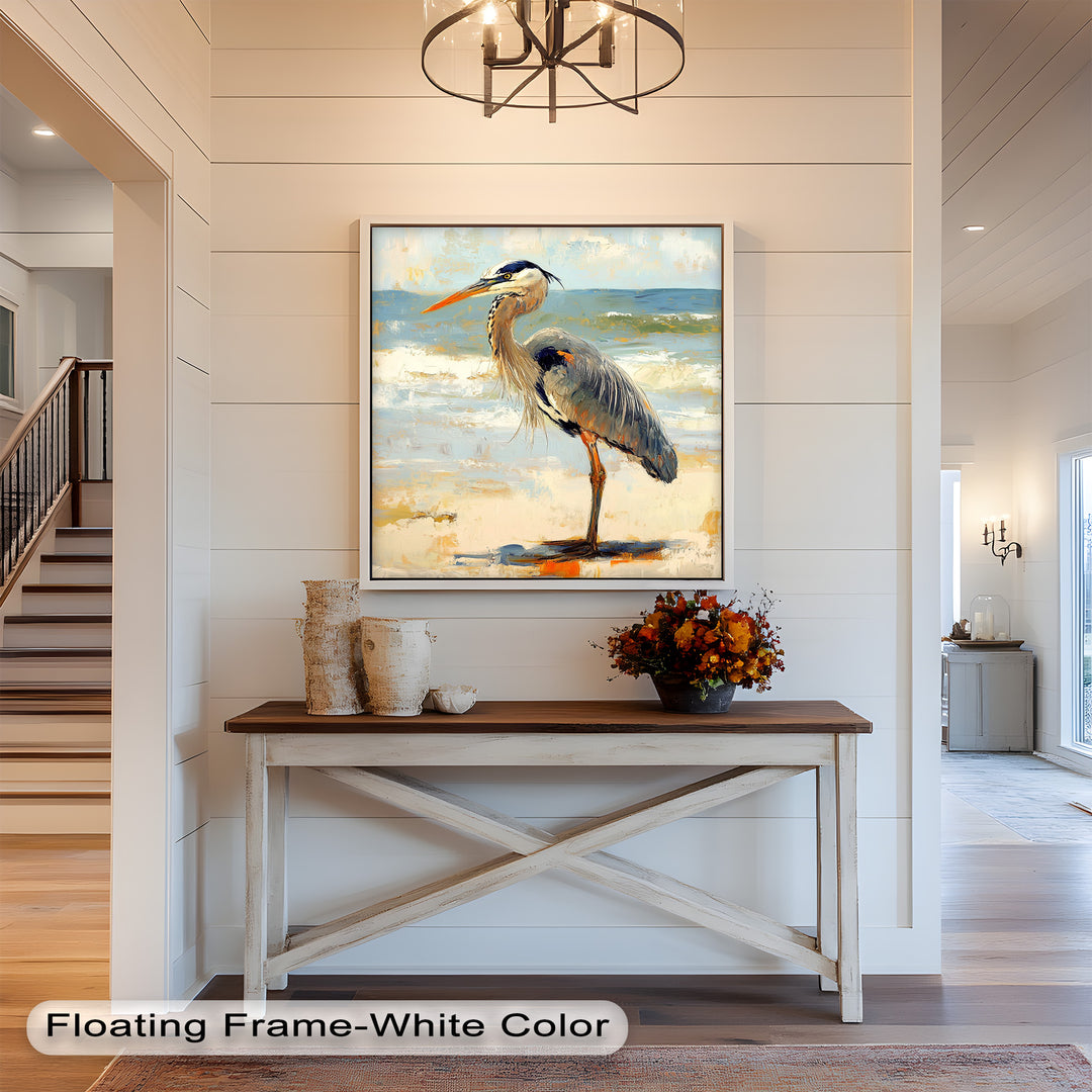 Elegant Heron Standing on Shoreline – Framed Oil Painting