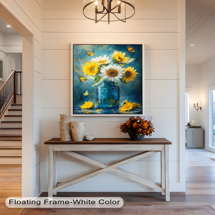 Sun-Kissed Radiance – Sunflowers in Blue Jar Flower Oil Painting