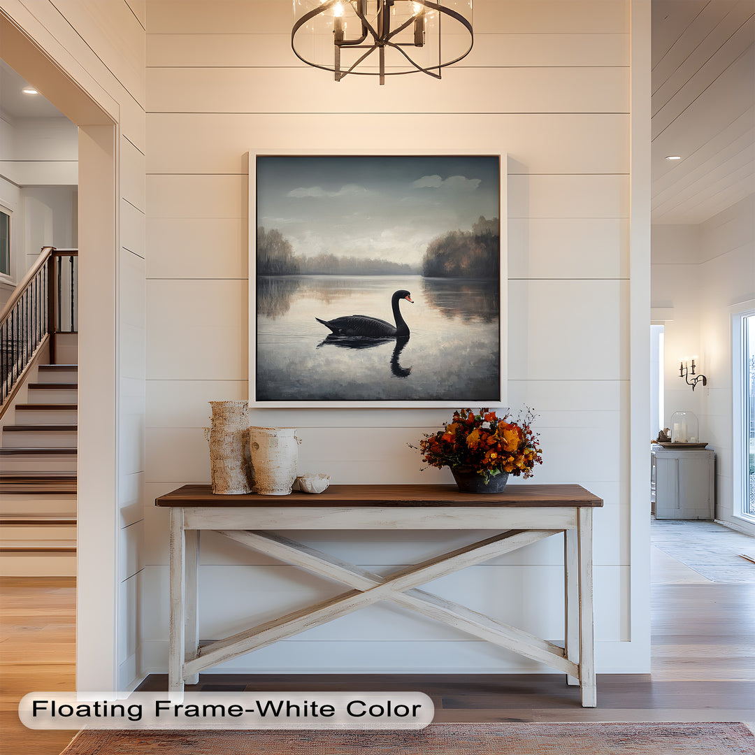 Black Swan at Dusk – Lake Scene Oil Painting