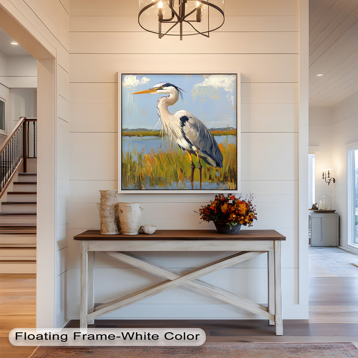Heron in Sunlit Wetlands – Modern Oil Painting